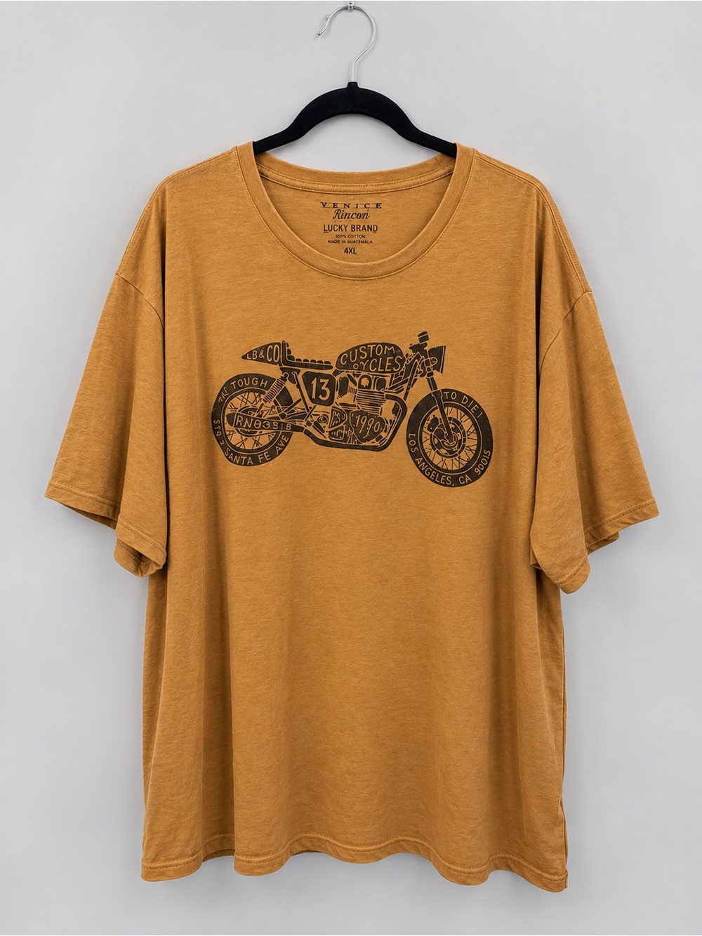 Lucky Brand Venice Burnout Men’s 4XL Motorcycle Graphic T-Shirt Mustard Yellow